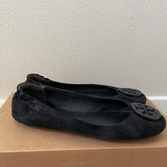 Tory Burch Black Minnie Suede Pave Medallion Flats (6) - Picture 2 of 9